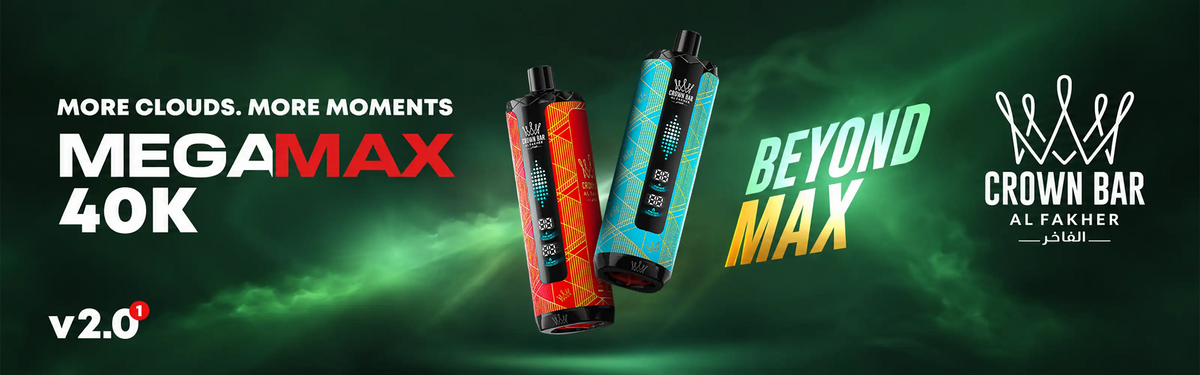 Al Fakher Mega Max 40k Banner für Desktopgeräte mit rotem und türkisfarbenem Gerät